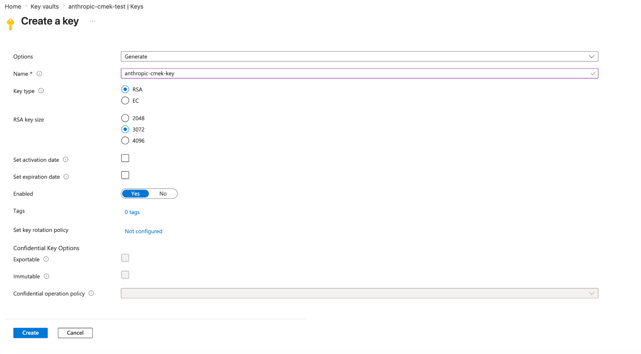 Azure Key Vault Create a key page with the Generate option, RSA key type, and 3072 RSA key size selected.