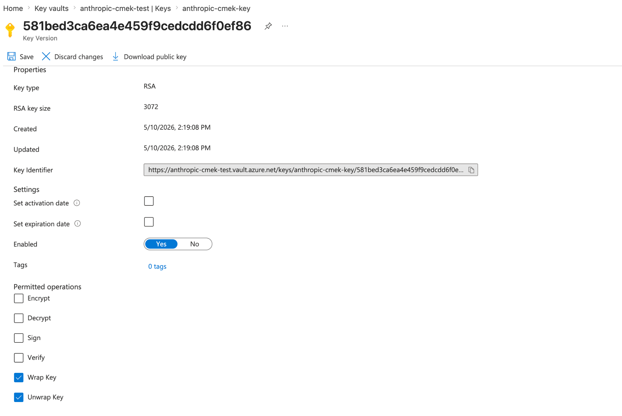 Azure Key Vault key version with Permitted operations limited to Wrap Key and Unwrap Key.