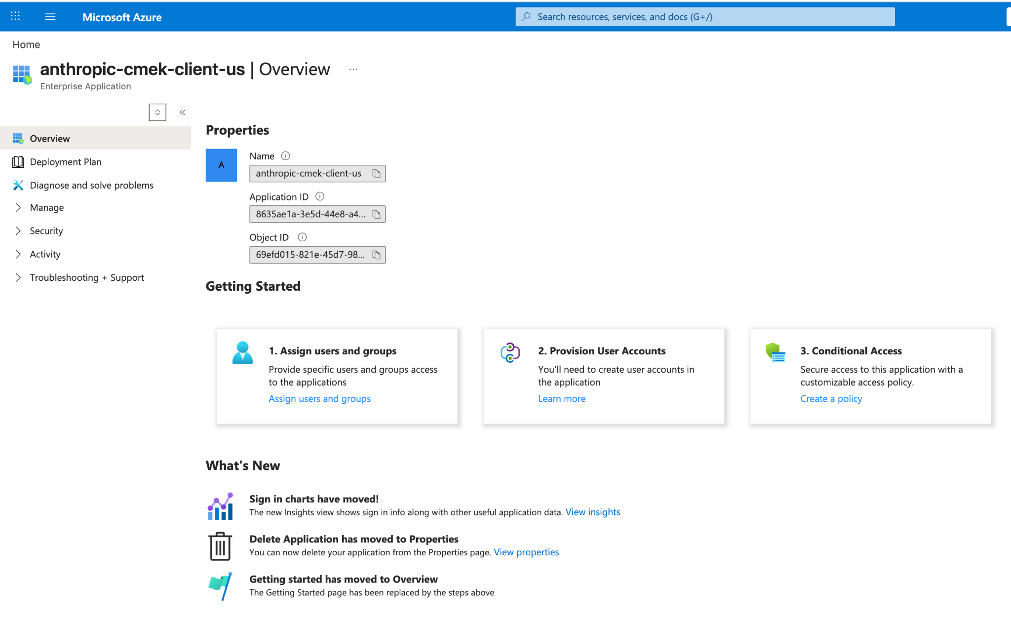 Microsoft Entra enterprise application overview for anthropic-cmek-client-us, showing its Application ID and Object ID.