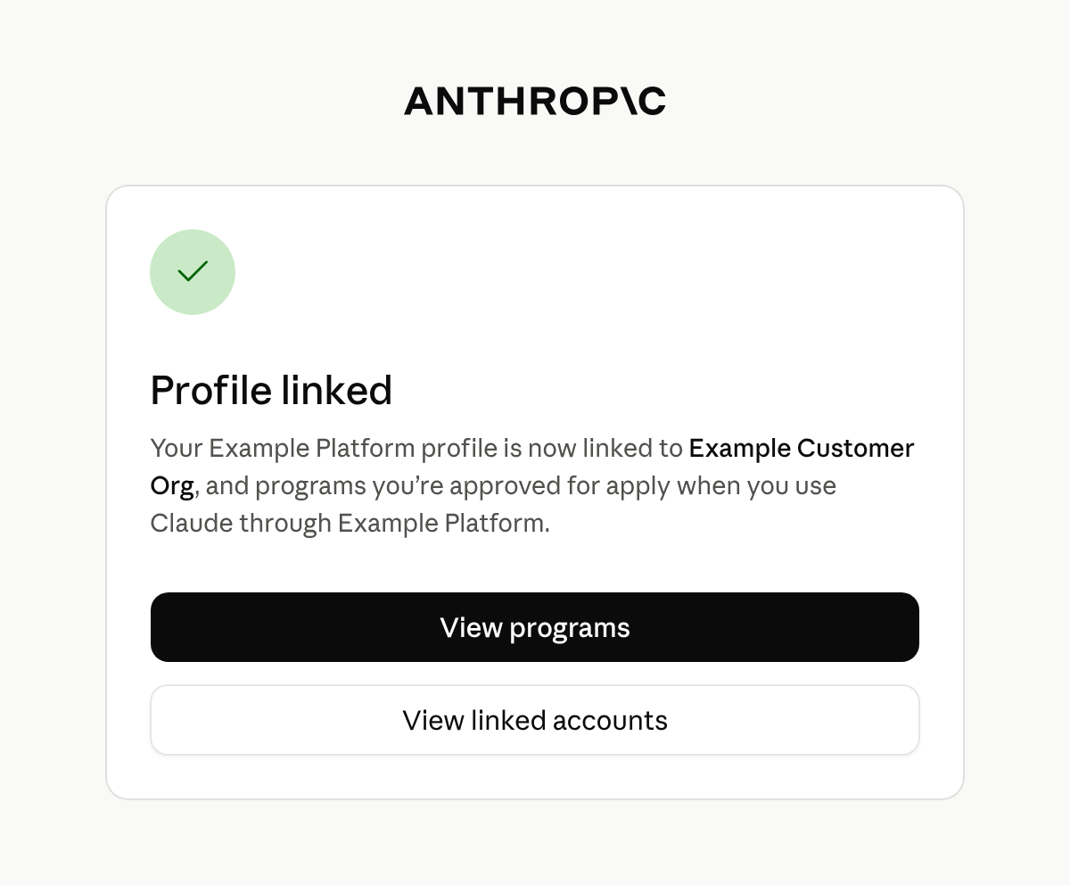 Verification Portal confirmation titled Profile linked, with View programs and View linked accounts buttons.